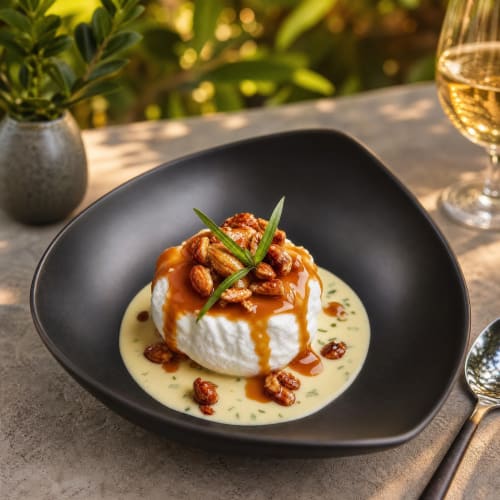 Élégant dessert dressé à Ô Château Hayange : burrata, filet de caramel, fruits secs confits et herbes fraîches