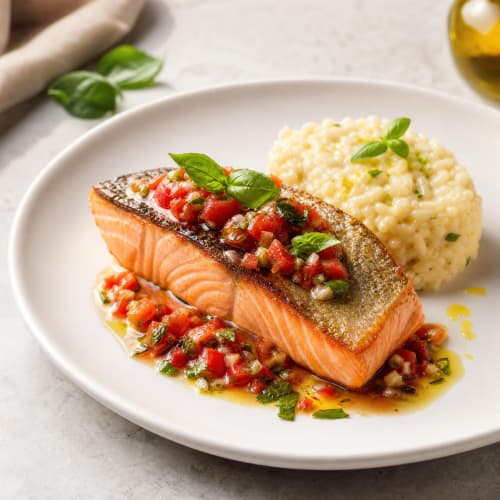 Saumon poêlé avec salsa tomate-basilic et risotto à l'hôtel Ô Château à Hayange