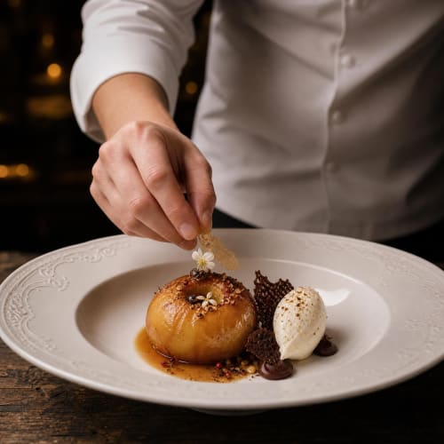 Chef en plein dressage d'un dessert élégant à l'hôtel Ô Château - pomme caramélisée au chocolat et crème