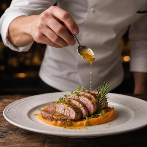 Chef versant une sauce sur magret de canard tranché et purée de carotte à Ô Château, Hayange