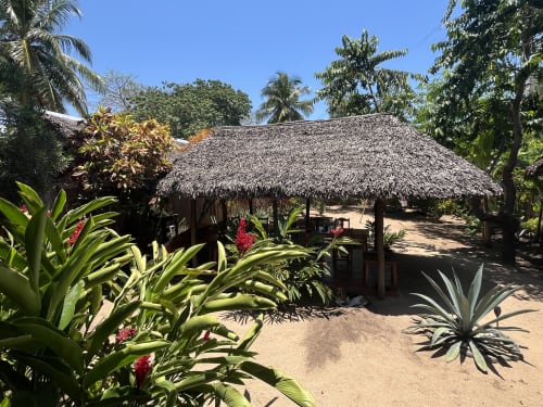Villa bord de mer au toit de chaume du Madabay's Lodge Nosy Be avec jardin tropical et palmiers