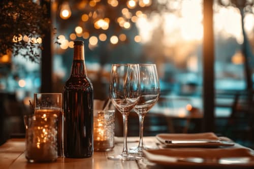 Élégante mise en table à Ô de Mer avec bouteille de vin, verres et lumières floues surplombant Sangatte