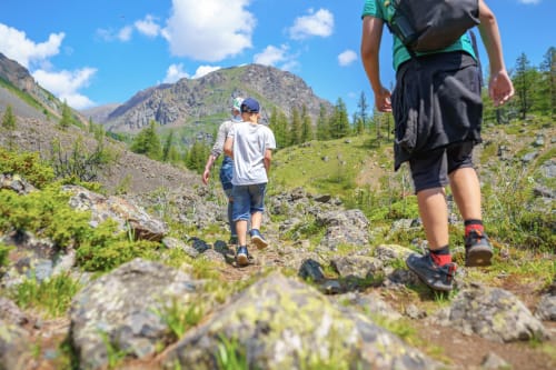 Deux randonneurs en trail à travers une vallée montagneuse avec forêt de mélèzes et terrain rocheux sous ciel bleu