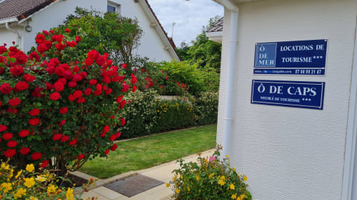 Ô de Mer tourism rental in Sangatte with vibrant red roses and yellow flowers in garden entrance