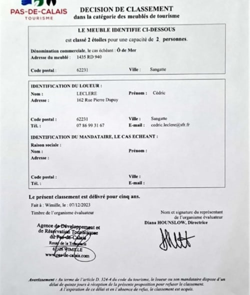 Certificat de classement touristique français pour l'appartement Ô de Mer à Sangatte, 2 étoiles pour 2 personnes