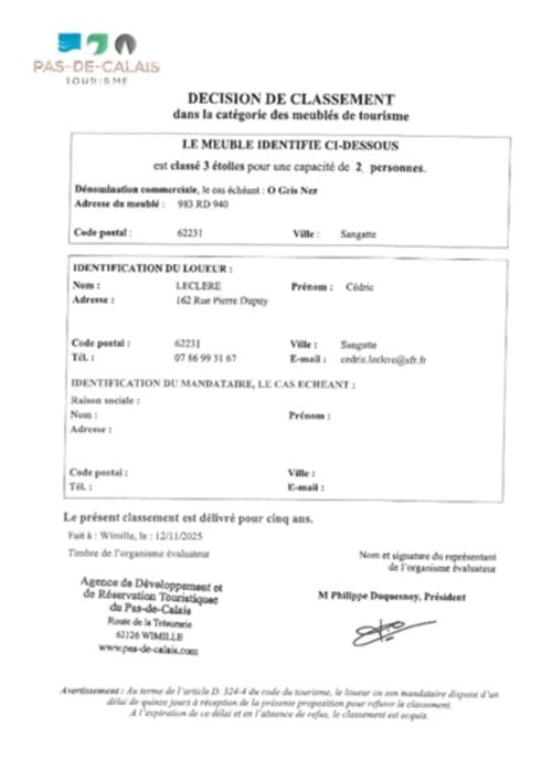 Certificat de classement touristique français de la villa Ô Gris Ner à Sangatte, 3 étoiles pour 2 clients
