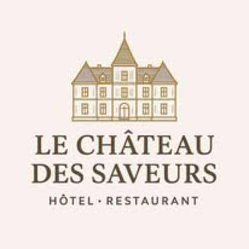 Logo de l'hôtel-restaurant Le Château des Saveurs avec un élégant manoir à Mello, France