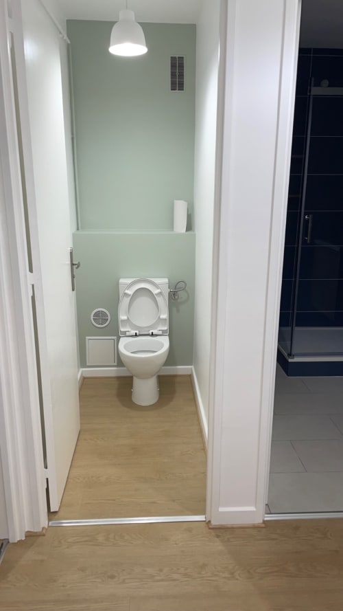 Salle de toilettes partagée moderne à l'hôtel Mattbnb Metz avec murs vert menthe, toilettes blanches, luminaire suspendu et parquet en bois