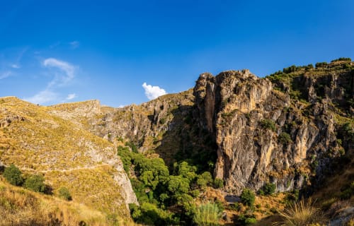 Garganta rocosa con vegetación exuberante cerca de Hospedería Puerta a los Cahorros en Monachil, España