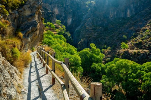 Sendero de senderismo con barandilla de madera con vistas al frondoso valle del cañón en Monachil, España, cerca de Puerta a los Cahorros