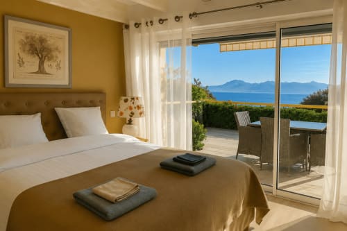 Luxurious bedroom in Cannes with sea views, ochre walls, and terrace overlooking Mediterranean mountains