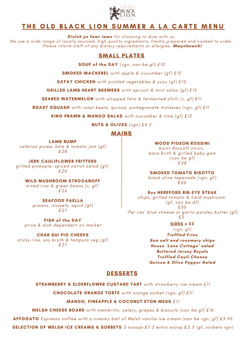 The Old Black Lion summer à la carte menu featuring small plates, mains, sides and desserts in Hay-On-Wye