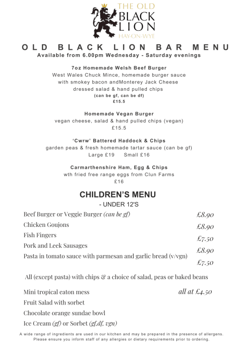 The Old Black Lion bar menu featuring Welsh beef burgers, vegan options, fish and chips, and children's menu items in