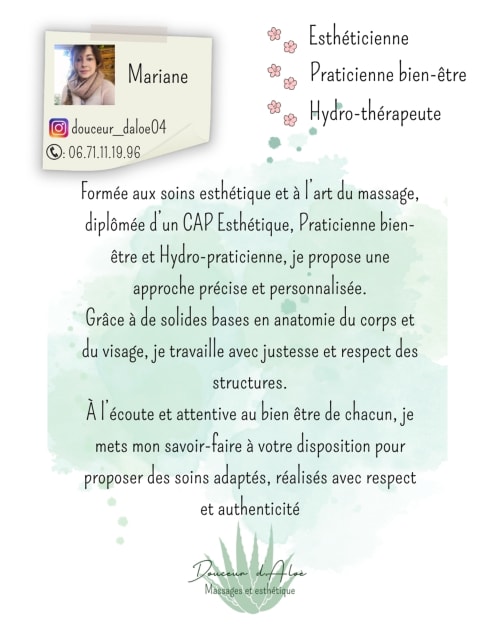 Mariane, esthéticienne au Domaine de JI proposant massages et services de bien-être à Montagnac-Montpezat