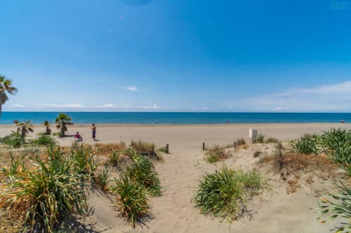 Playa de arena blanca con palmeras, mar turquesa y cielo azul despejado en el Apartamento de Lujo Beachfront Maruchis en Alhaurín de la