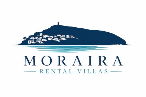 Moraira Rental Villas logo featuring a Mediterranean coastal town silhouette with white buildings and turquoise sea