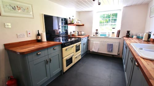 Modern kitchen with blue cabinetry, wooden countertops, cream Aga cooker, and large window at Llwyncadfor holiday home in