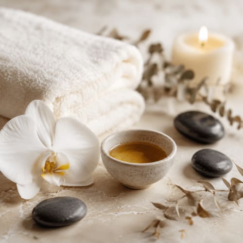 Serene spa setting with white orchid, massage stones, and herbal tea at Rio Botteniga Luxury Room & Private SPA, Treviso
