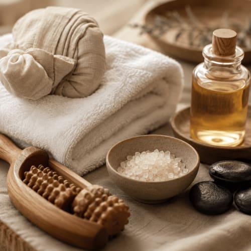 Luxury spa essentials at Rio Botteniga: rolled towels, bath salts, massage brush, oils, and stones for ultimate relaxation in