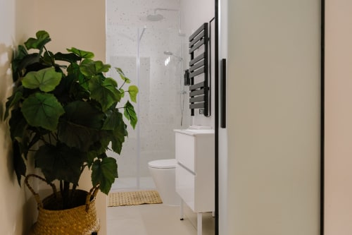 Baño moderno en Stay Gest Valencia con ducha de cristal, inodoro, toallero y planta decorativa en maceta de mimbre