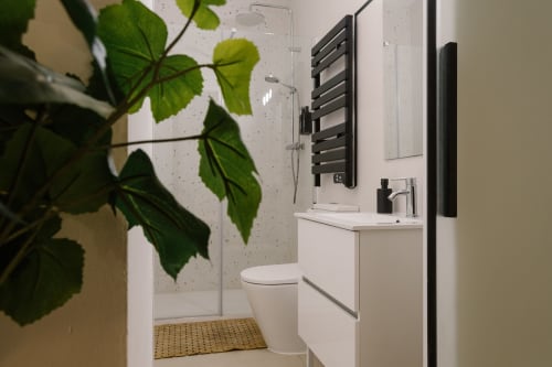 Baño moderno en Stay Gest Valencia con accesorios blancos, toallero térmico negro y planta verde como decoración