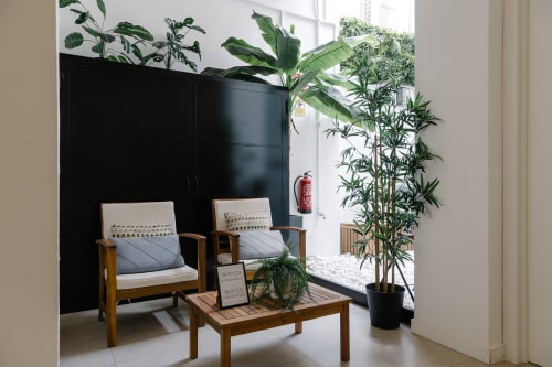Acogedor lounge del hotel Stay Gest Valencia con sillas de madera, mesa de café y plantas tropicales frente a pared negra