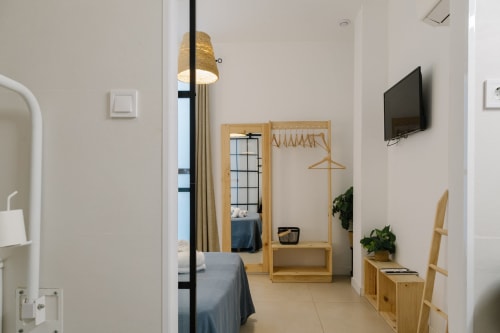 Dormitorio accesible en Stay Gest Valencia con armario de madera, televisión, planta y muebles de madera clara en planta baja