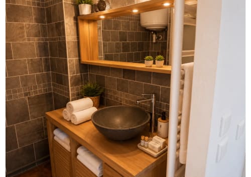 Salle de bain moderne aux murs en carrelage sombre, meuble-lavabo en bois, vasque noire et sèche-serviettes chauffant à Agde Luxury Loc