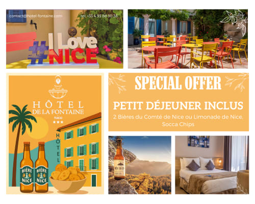 Hôtel De La Fontaine Nice: cortile colorato, birra locale, camere confortevoli, offerta colazione speciale