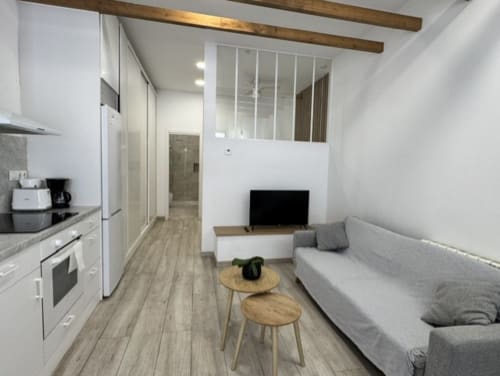 Monolocale moderno a Madrid con divano grigio, cucina, TV, travi in legno e arredamento minimalista presso Artbel Rentals