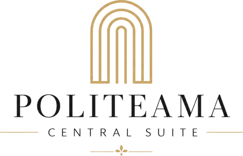 Logo della Politeama Central Suite con arco dorato, lussuosa struttura ricettiva a Palermo, Italia