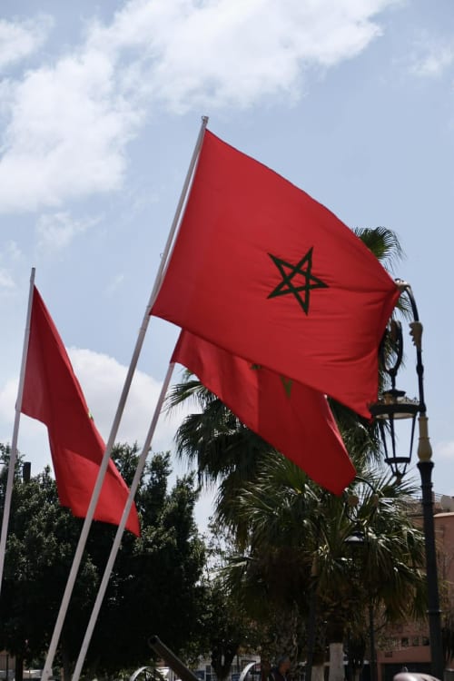 Moroccan flags waving in Marrakech near Riad 191, with palm trees and blue sky