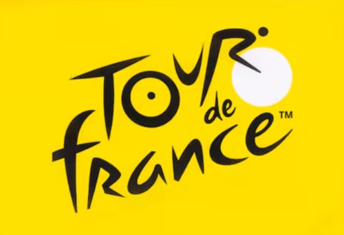 Tour-de-France-Logo mit gelbem Hintergrund und weißem Kreis, Symbol des Radradsports in der Nähe des Hôtel De La Fontaine in Nizza