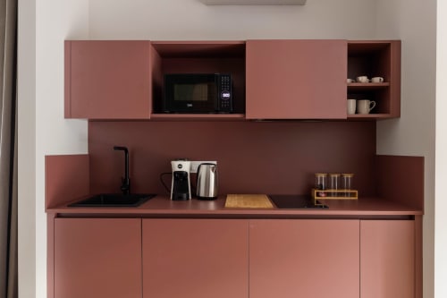 Moderna unità cucina in terracotta presso Dimora Silva Nature Suites con microonde, lavello, bollitore e macchina per caffè