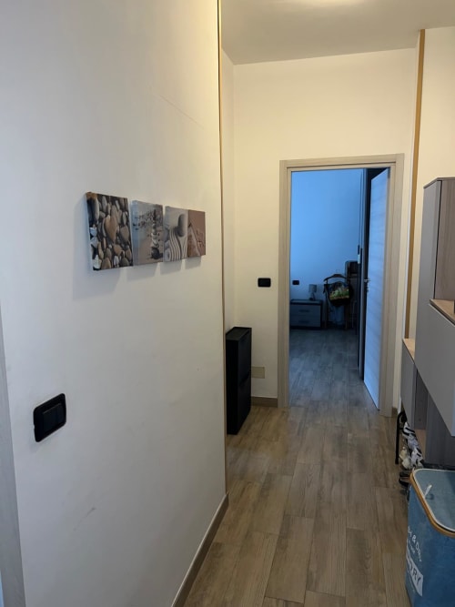 Corridoio moderno dell'appartamento Orchidea presso MiSaNi Apartments a Novara, con pavimento in legno, pareti bianche e passaggio aperto