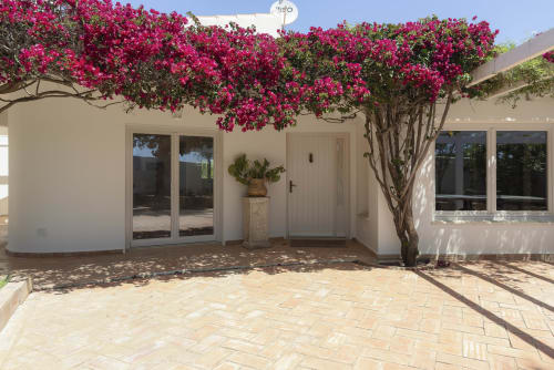 Modern villa terrace at RB Algarve with vibrant pink bougainvillea, white walls, large windows, and herringbone tile patio in