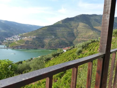 Vista da varanda de Tomás Barqueiro no Douro, Portugal: vinhedos em socalcos, rio turquesa e colinas distantes