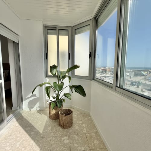 Varanda ensolarada com vista para o mar no apartamento Republica do Sul em Aroeira, planta em vaso no piso azuleado, portas de vidro com vista para o oceano