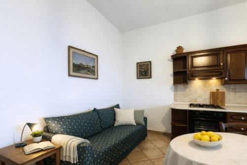 Accogliente zona cucina-living dell'appartamento I Castagnini con divano blu, mobili in legno e limoni freschi sul tavolo