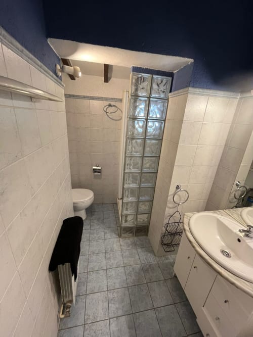 Baño compartido en la casita NIU HOUSE de L'Amagatall de Cal Tonedor, Barcelona con inodoro, lavabo y ducha a ras de suelo