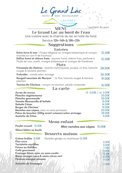Menu du restaurant Le Grand Lac proposant une cuisine lacustre à Laffrey avec spécialités régionales et classiques français.