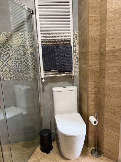Modern bathroom at Stay Gest Ruzafa apartment in Valencia with white toilet, wooden tile flooring, patterned wall tiles,