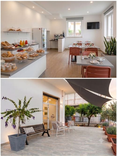 Makasa B&B breakfast room and terrace in Villapiana with pastries, dining tables, and garden seating