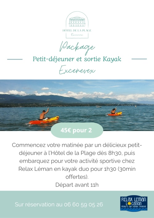 Forfait kayak à l'Hôtel de la Plage Excenevex : petit-déjeuner et activité nautique pour deux personnes à 45€