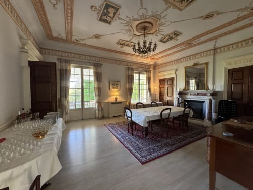 Elegante salón de baile en Domaine de Bize Mirepoix con techo ornamentado, chimenea y vistas al jardín