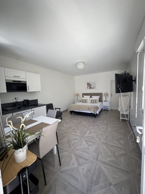 Estudio moderno en Domaine de Bize con cocineta, zona de comedor, cama y televisión en Mirepoix