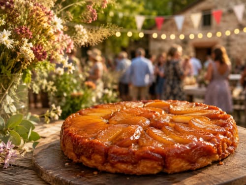 Tarte tatin caramélisée aux pommes lors d'une réunion à la campagne de Sologne, décorée de guirlandes et de fleurs