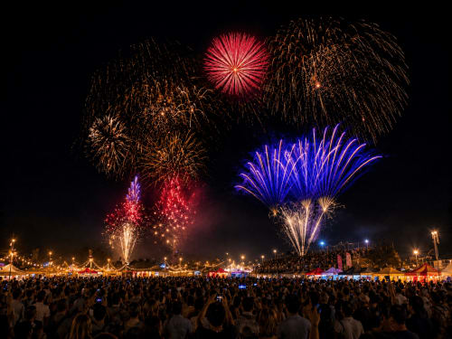 Spectaculaire feu d'artifice au-dessus d'une grande foule lors d'un festival près de Lamotte-Beuvron, Sologne