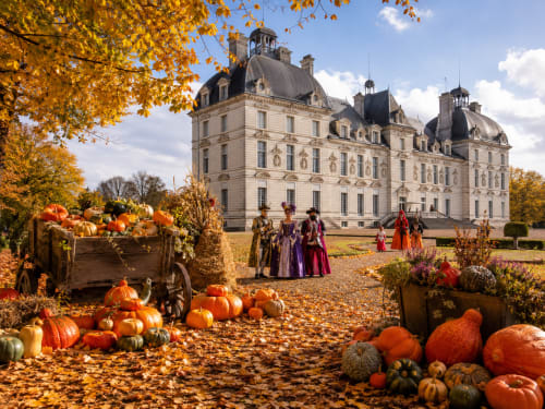 Château historique de Sologne avec courges d'automne et visiteurs en costume à Lamotte-Beuvron