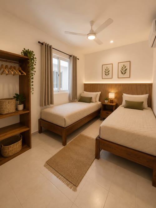 Habitación doble en Hotel Isla Mujeres Centro con camas de madera, ropa de cama beige y comodidades modernas en Isla Mujeres